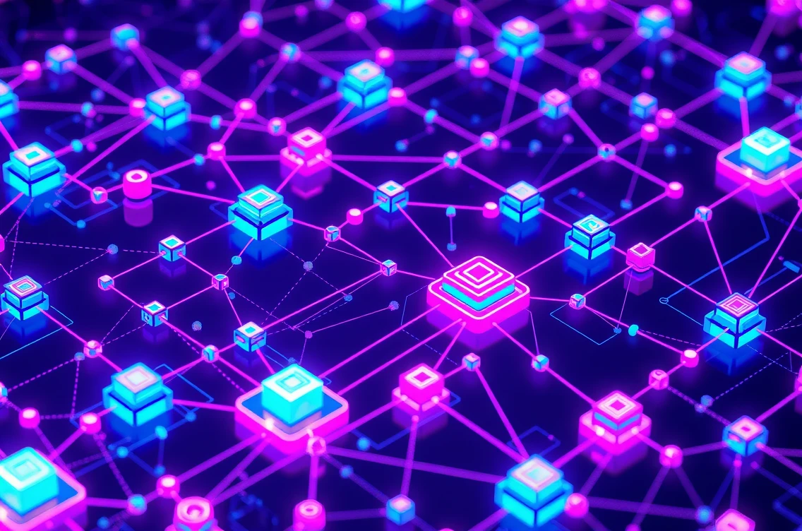 Visualization of connected blockchain networks with data flowing between chains